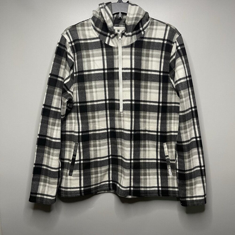 O'Neill Ladies Half Zip Black White Gray Plaid Polar Fleece Hoodie Large